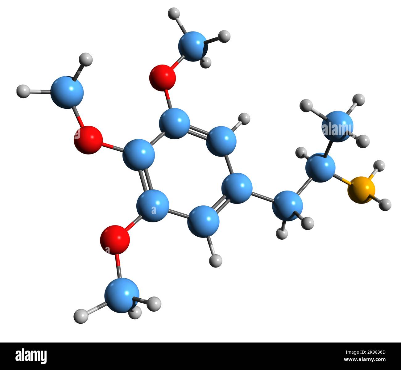 3D image de la formule squelettique a-Methylmescaline - structure chimique moléculaire de la triméthoxyamphétamine isolée sur fond blanc Banque D'Images