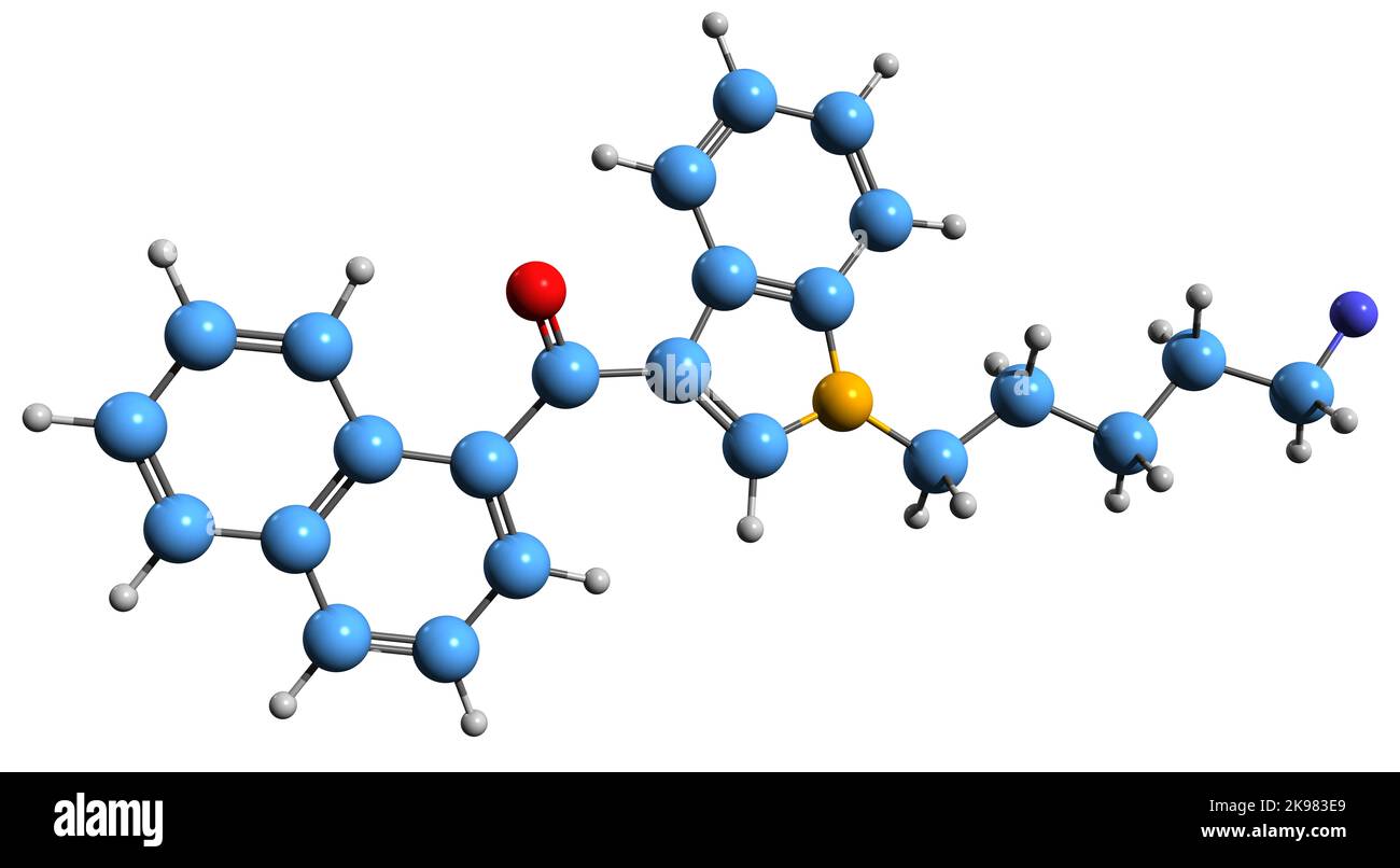 3D image de la formule squelettique AM-2201 - structure chimique moléculaire du médicament de designer récréatif isolé sur fond blanc Banque D'Images