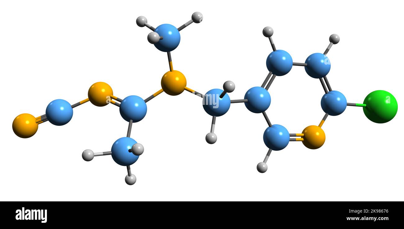 3D image de la formule squelettique de l'acétamipride - structure chimique moléculaire de l'insecticide néonicotinoïde isolé sur fond blanc Banque D'Images