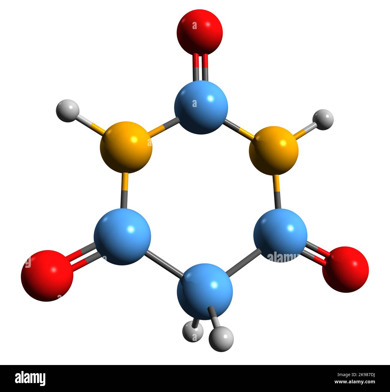 3D image de la formule squelettique de l'acide barbiturique - structure chimique moléculaire de la malonylurée isolée sur fond blanc Banque D'Images