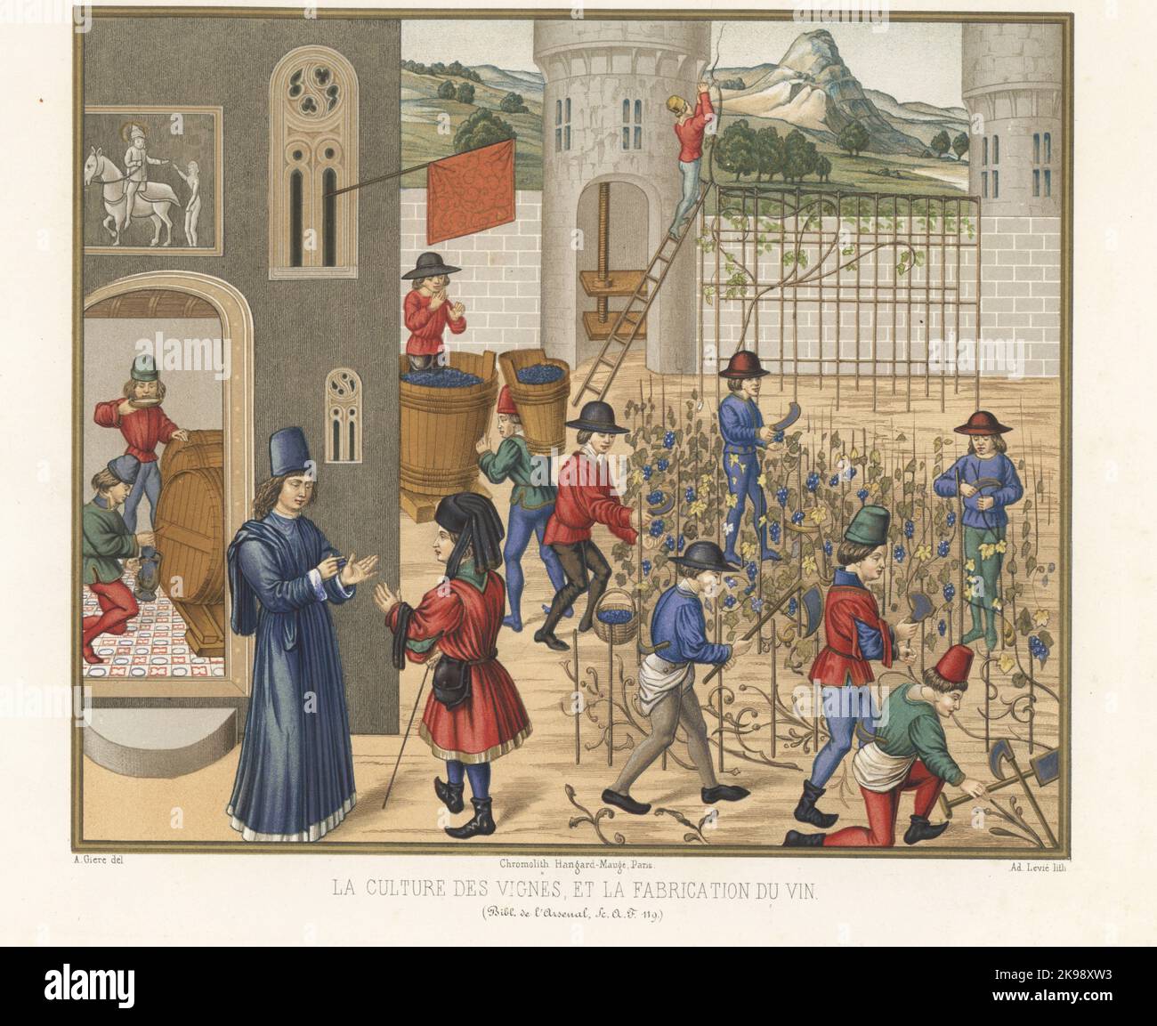 Pietro di Crescenzi supervise la culture du raisin et la production du vin, France, 15th siècle. Hommes qui s'occupent de vignes, récolte de raisins, estampage de raisins, verser du vin à partir d'un baril, dégustation de vins, etc. La culture des vignes et la fabrication du vin. France, XVe siecle. Du manuscrit de Pierre de Crescens Livre des profits chempetres, SC. A. F. 119 (5064), Folio 68v, Bibliothèque de l'Arsenal. Chromolithographe par ad. Levie d’après une illustration de A. Giere des Arts Somptuaires de Charles Louandre, The Sumptuary Arts, Hangard-Mauge, Paris, 1858. Banque D'Images