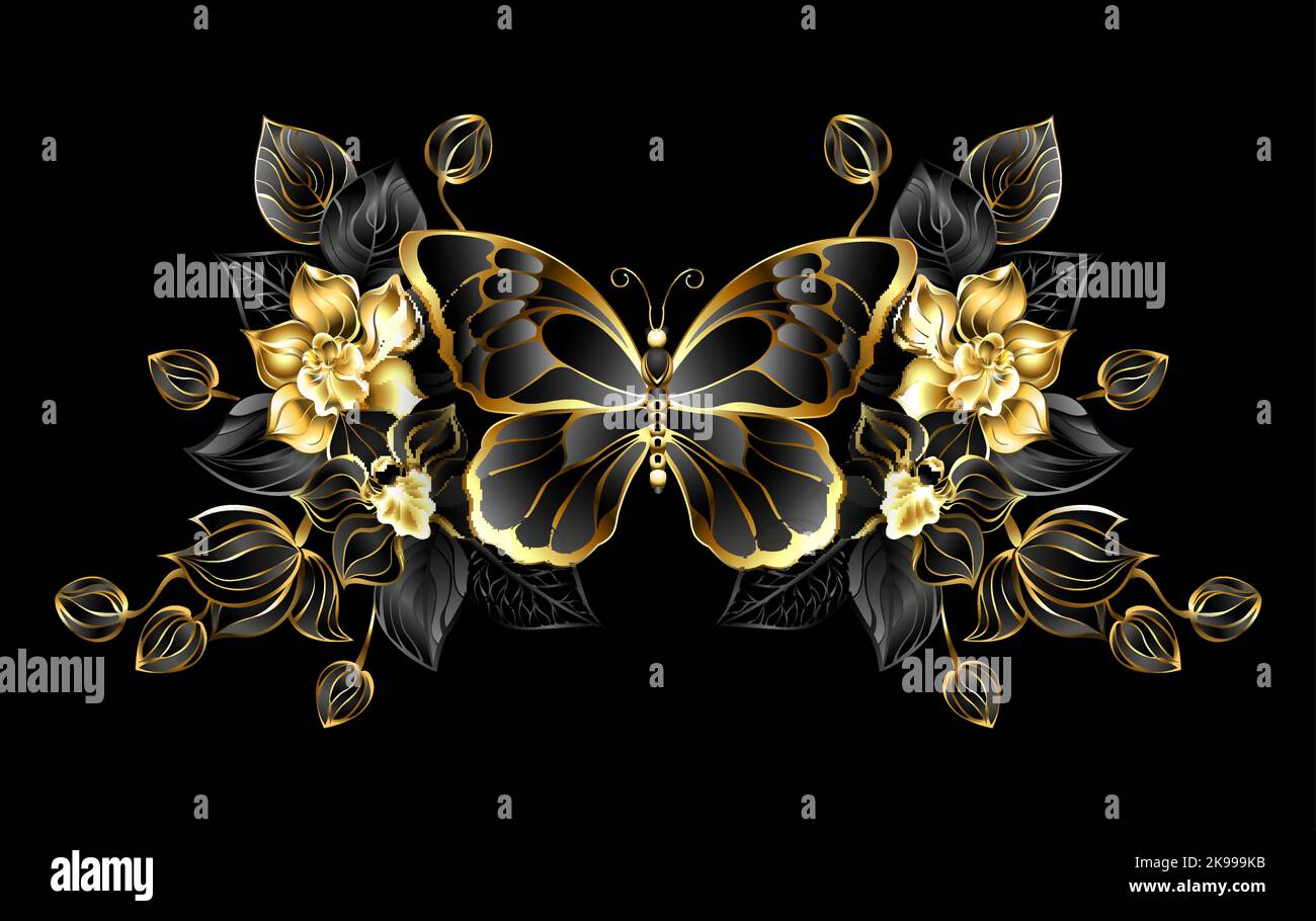 Bijoux papillon avec ailes noires, décoré d'orchidées noires et dorées, sur fond noir. Orchidée noire. Illustration de Vecteur