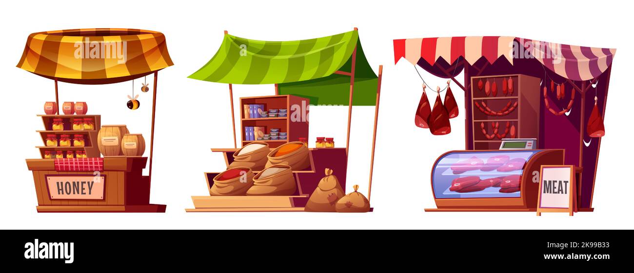 Ensemble de stands du marché local isolés sur fond blanc. Illustration vectorielle de dessins animés de boutiques de rue vendant du miel, de l'épicerie et de la viande fraîche. Stands colorés avec nourriture domestique. Éléments de conception de jeux Illustration de Vecteur