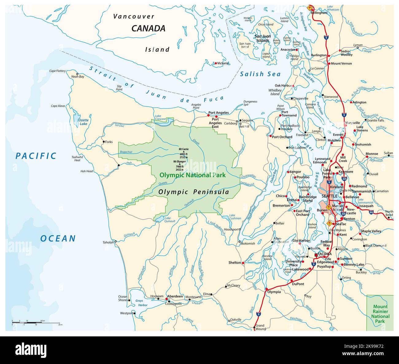 Carte entourant la péninsule olympique et le Grand Seattle, Washington, États-Unis Banque D'Images