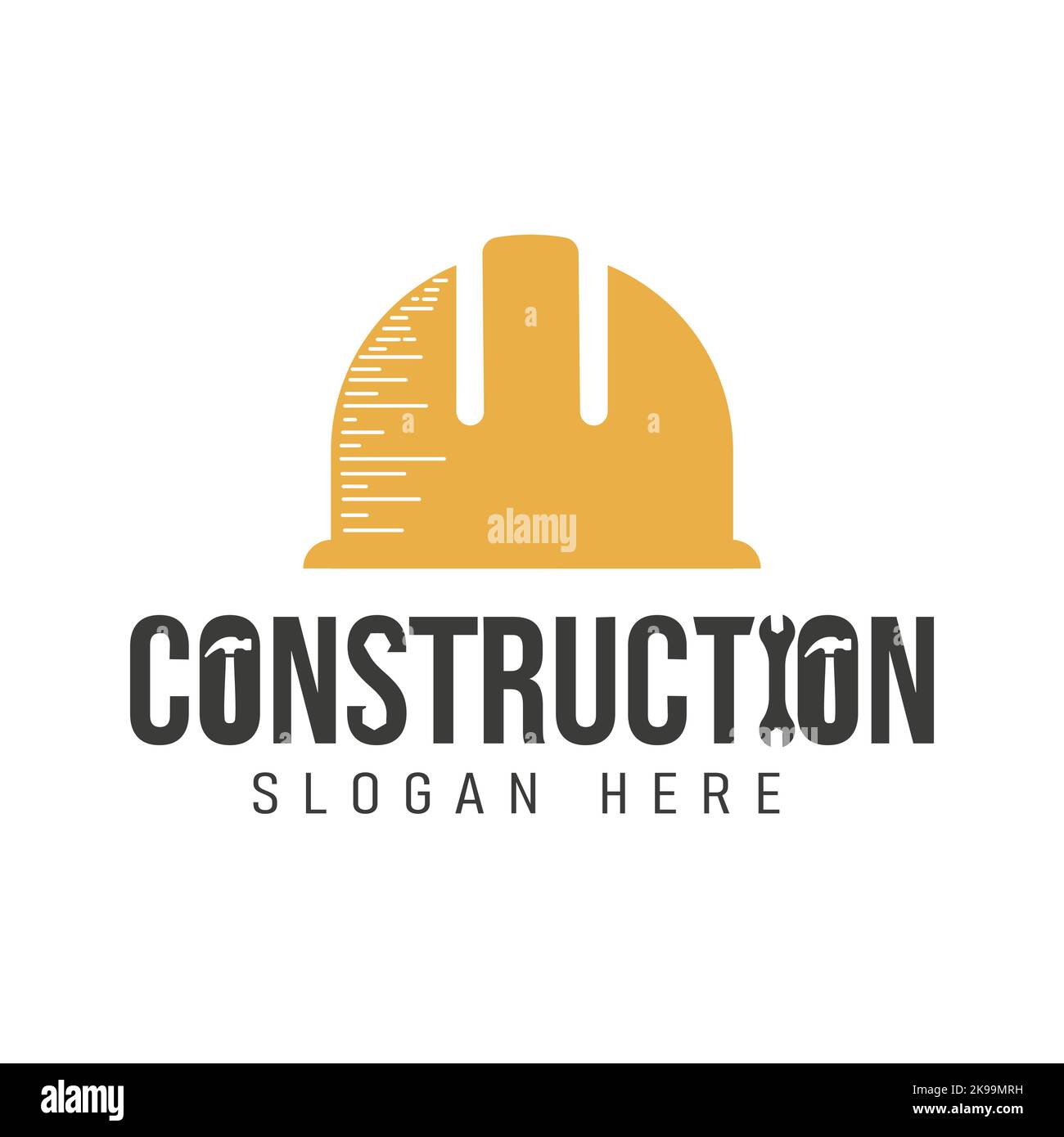 Logo de construction en casque symbole de construction en forme de mot signe style avec marteau, clé, éléments de boulon. Illustration de Vecteur