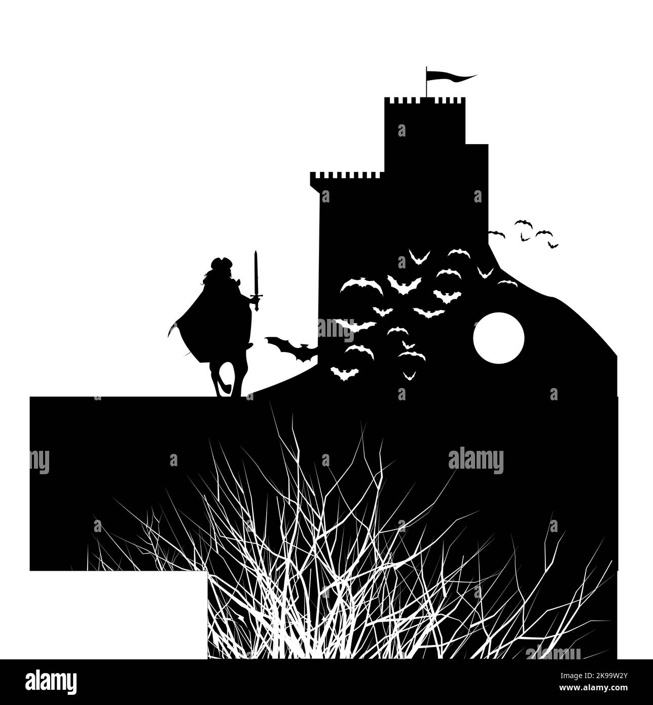 Silhouette de château médiéval, Chevalier à cheval tenant une épée, des branches sèches et des chauves-souris volantes sous la lune. Encre noire sur fond blanc. Illustration de Vecteur