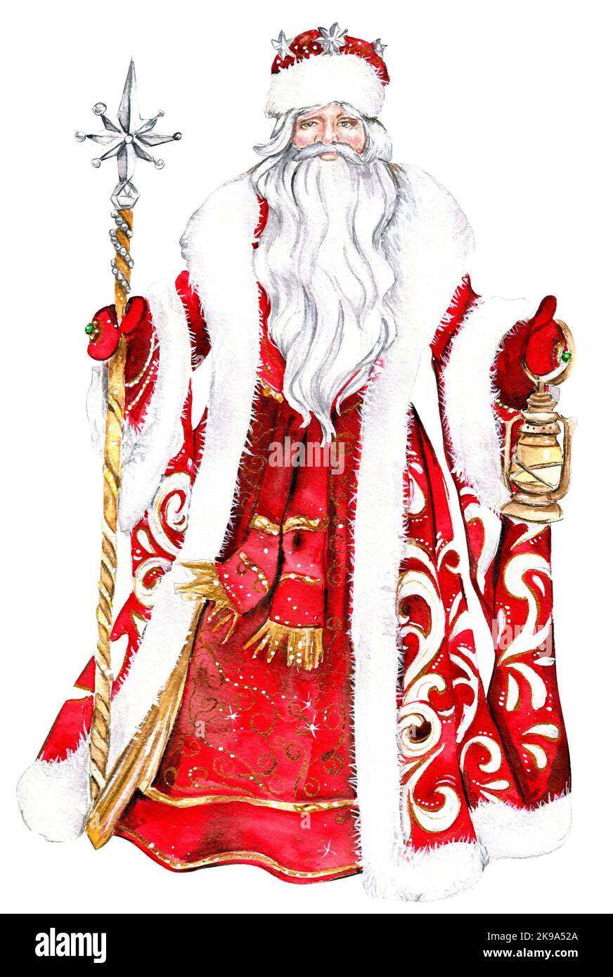 Illustration aquarelle du Père Noël avec bâton et lampe de Noël, carte de vœux du nouvel an, Père Noël russe avec longue barbe blanche.Père Noël en rouge Banque D'Images