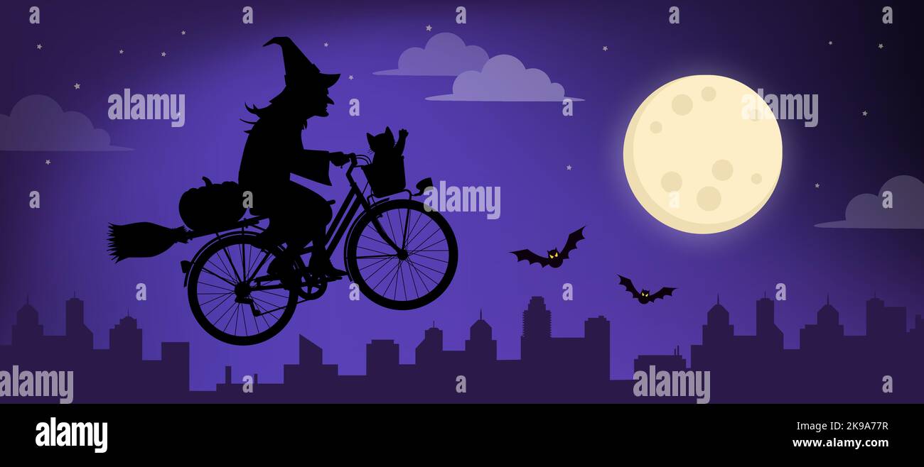 Sorcière effrayante à vélo et volant dans le ciel le soir d'Halloween Illustration de Vecteur