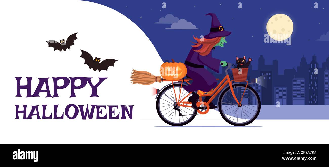 Sorcière drôle effrayante à vélo la nuit et heureux Halloween voeux Illustration de Vecteur