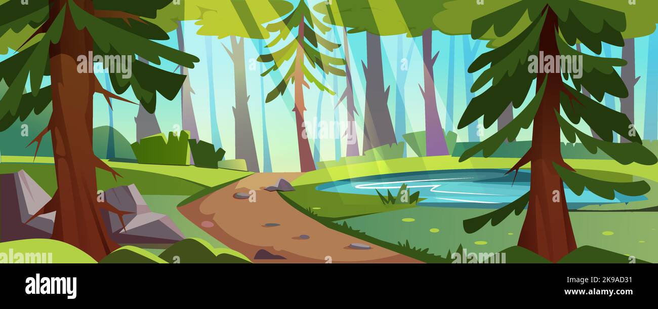 Paysage forestier avec étang, arbres et buissons, herbe verte et chemin avec pierres. Scène nature avec lac, sentier et rayons du soleil. Illustration vectorielle du parc naturel d'été. Illustration de Vecteur