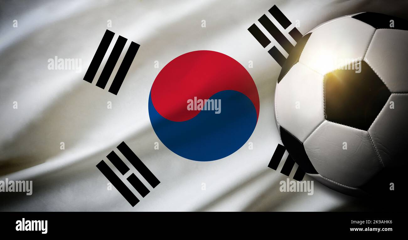 Composition de l'équipe nationale de Corée du Sud avec ballon classique sur l'herbe et drapeau en arrière-plan. Vue de dessus. Banque D'Images