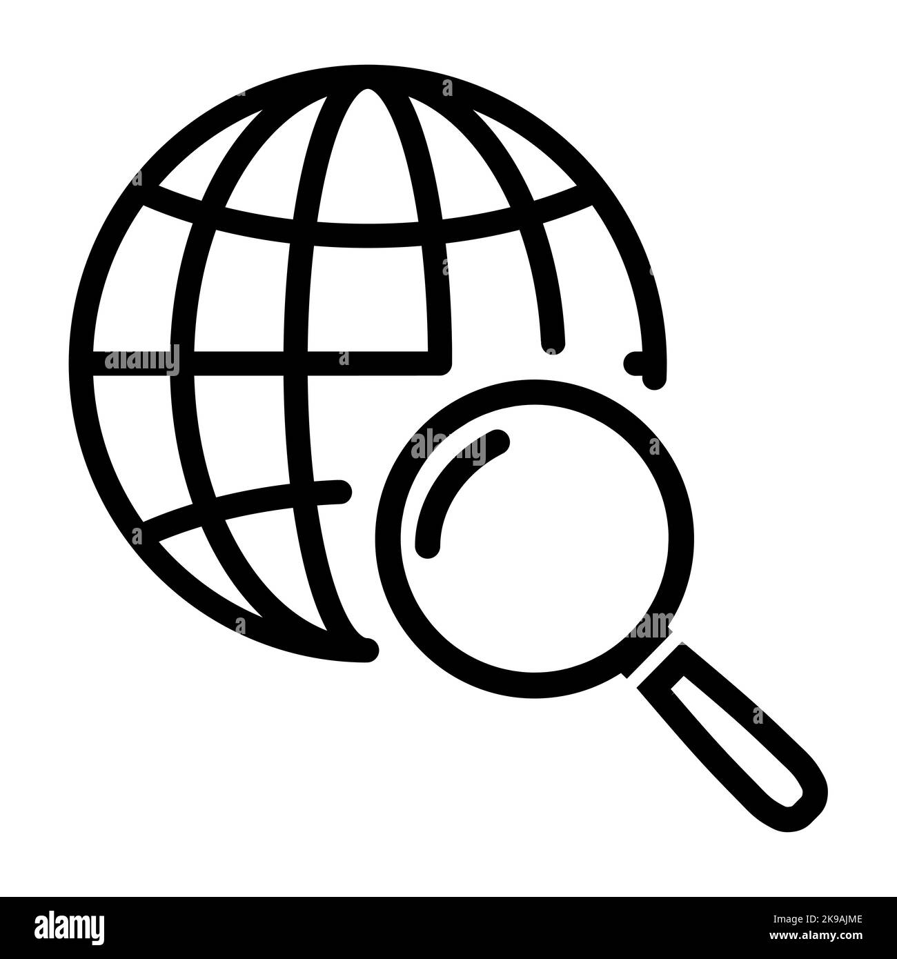 Icône de ligne de recherche globale en style plat. Globe avec symbole de loupe isolé sur fond blanc. Icône de résumé de ligne de recherche simple en noir. Vecteur Ill Illustration de Vecteur