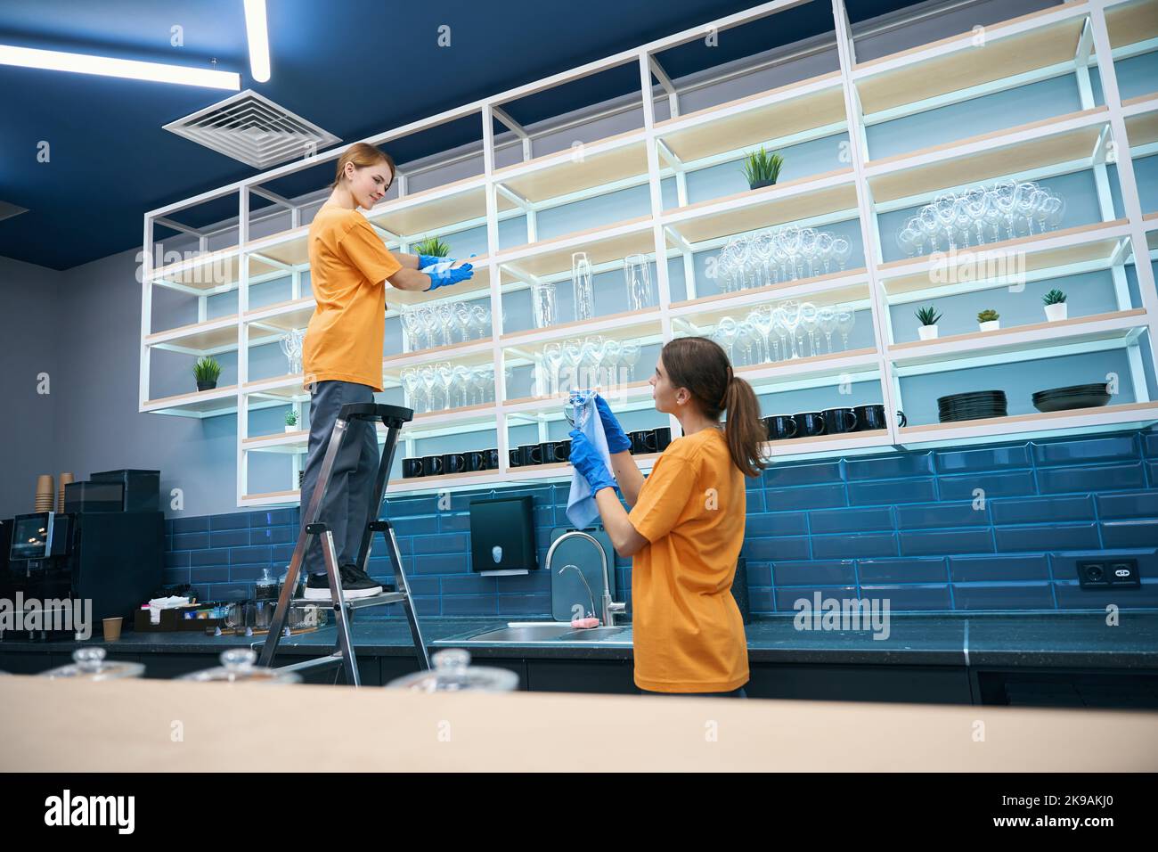 Les femmes nettoyage entreprise effectue le nettoyage général dans la cuisine Banque D'Images