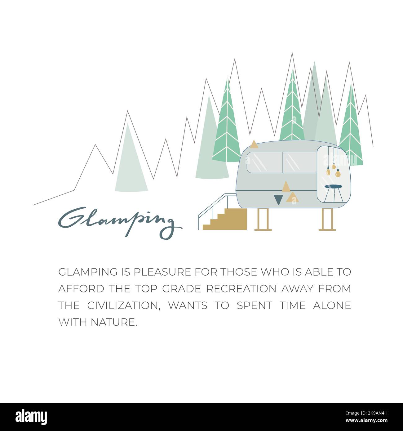 Glamping House, caravane pour une illustration pratique de vecteur de voyage de camping. Refuge à Wild place, forêt de pins. Peut être utilisé pour le Web, la brochure. Illustration de Vecteur