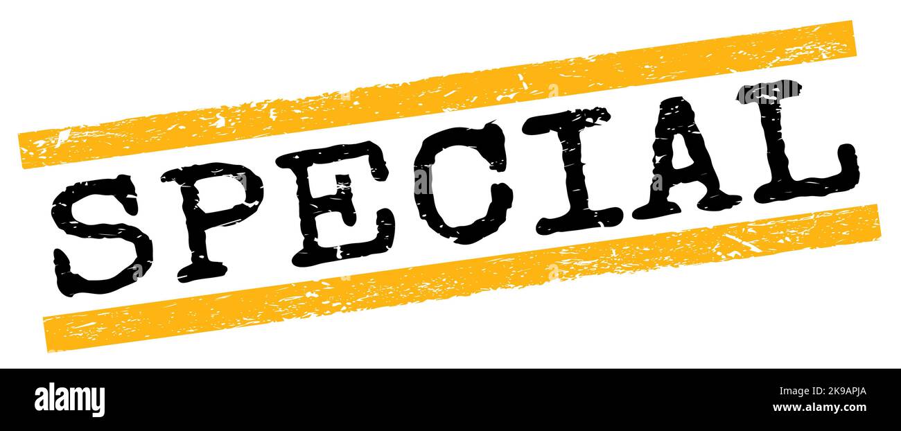 Texte SPÉCIAL écrit sur le signe de timbre jaune-noir de lignes grungy. Banque D'Images