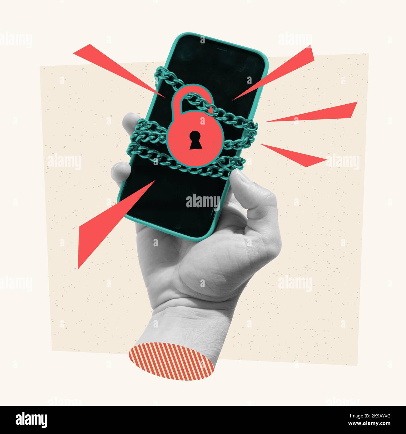 Collage d'art contemporain. Maleh téléphone portable avec chaînes symbolisant le haut niveau de securite Banque D'Images