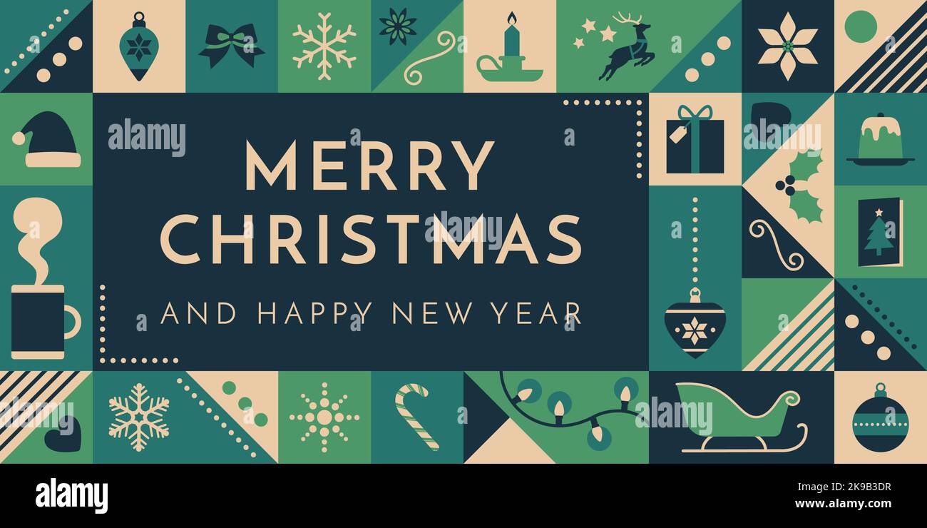 Bannière Noël et joyeux nouvel an avec icônes de fête et espace de copie Illustration de Vecteur
