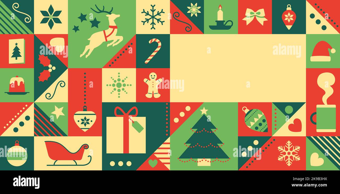 Bannière de Noël avec icônes de fête abstraites et espace de copie Illustration de Vecteur