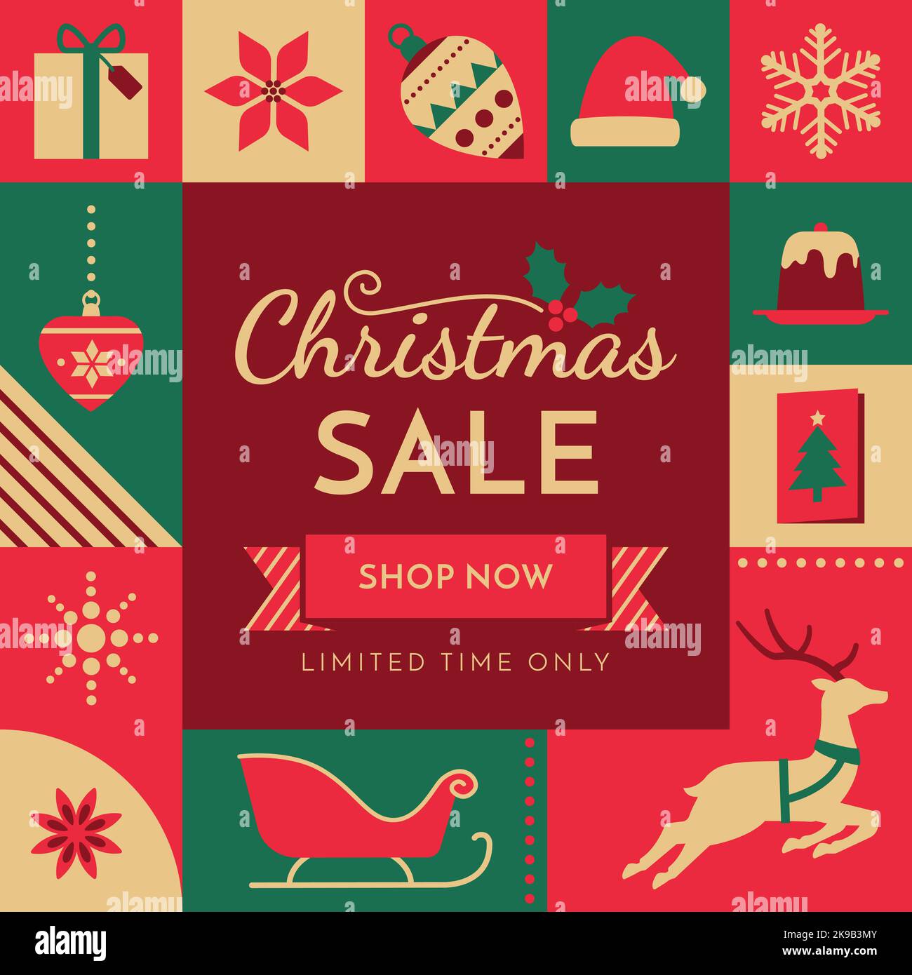 Publicité sur les soldes de Noël et publication sur les réseaux sociaux avec icônes de fête et espace de copie Illustration de Vecteur