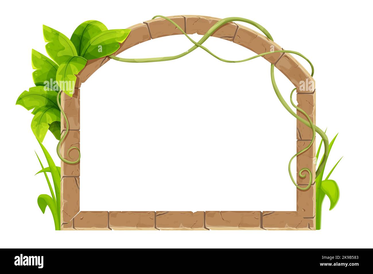 Cadre en pierre en brique cadre jungle décoré de liana, de feuilles tropicales et d'herbe ancienne médiévale dans le style de dessin animé, isolé sur fond blanc. Décoration de jeux, menu. Illustration vectorielle Illustration de Vecteur