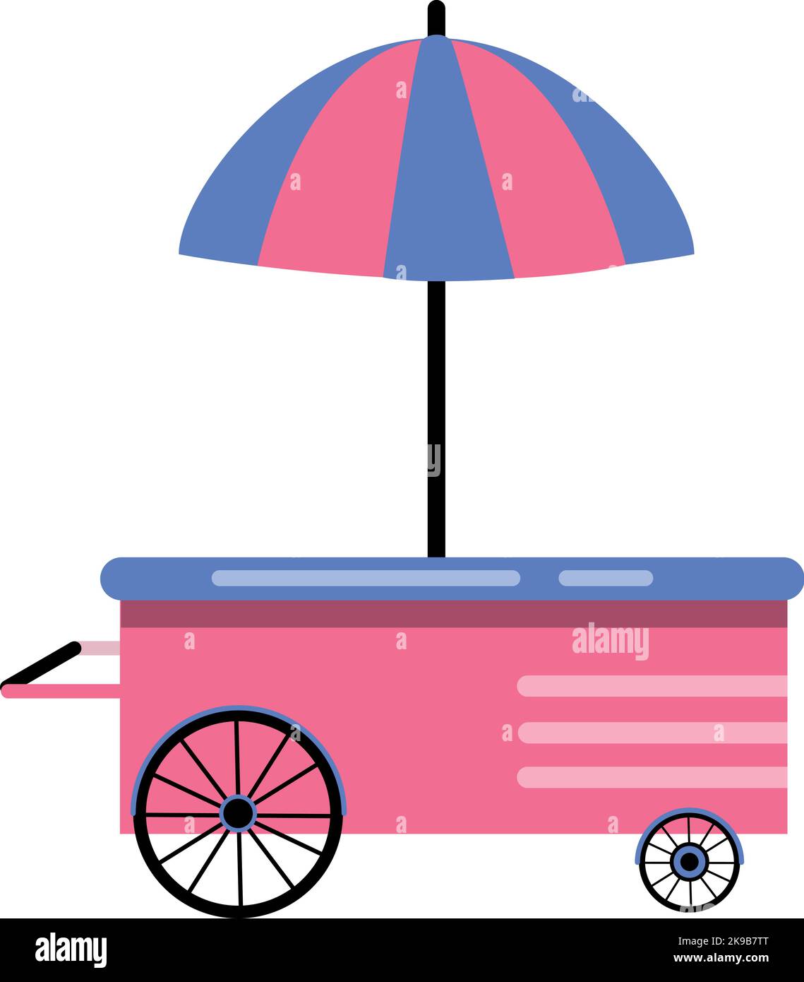 Stand du marché de rue. Chariot alimentaire rose avec parapluie rayé Illustration de Vecteur