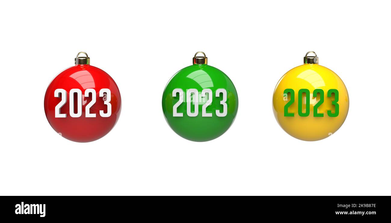 Superbes boules de Noël colorées de 2023 boules boules sur fond blanc, espace de copie et chemin d'écrêtage. Décoration en verre de Noël réaliste en rendu 3D. Banque D'Images Superbes boules de Noël colorées de 2023 boules boules sur fond blanc, espace de copie et chemin d'écrêtage. Décoration en verre de Noël réaliste en rendu 3D. Banque D'Images