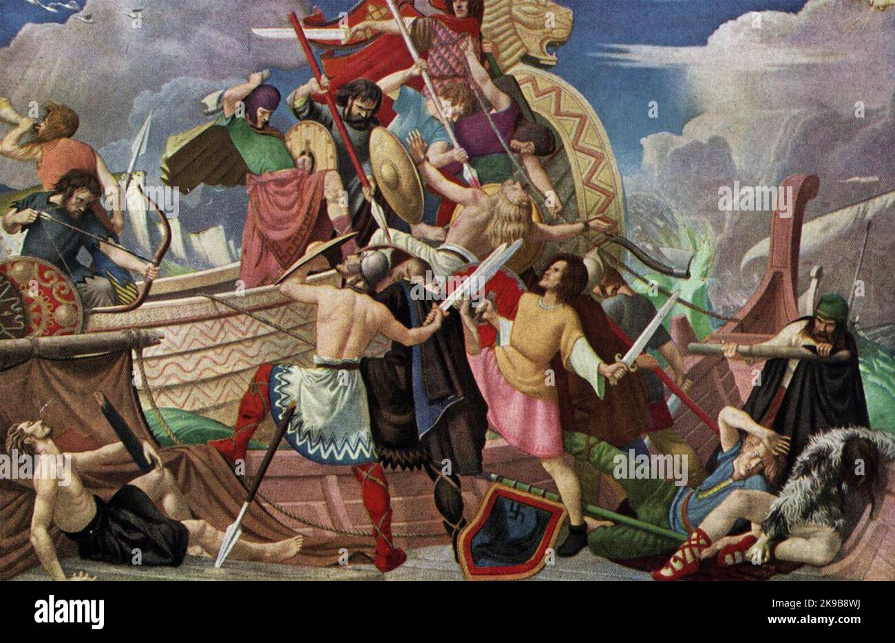 BATAILLE DE SWANAGE les Anglo-Saxons combattant avec les Danois dont les navires ont été forcés sur les rochers dans un brouillard comme décrit dans la chronique anglo-saxonne de 877 COMME. Banque D'Images