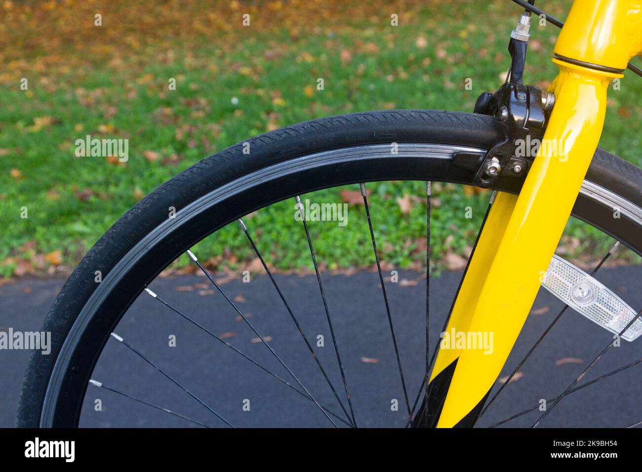 Une roue de vélo et une fourche jaune avec un fond vert Banque D'Images