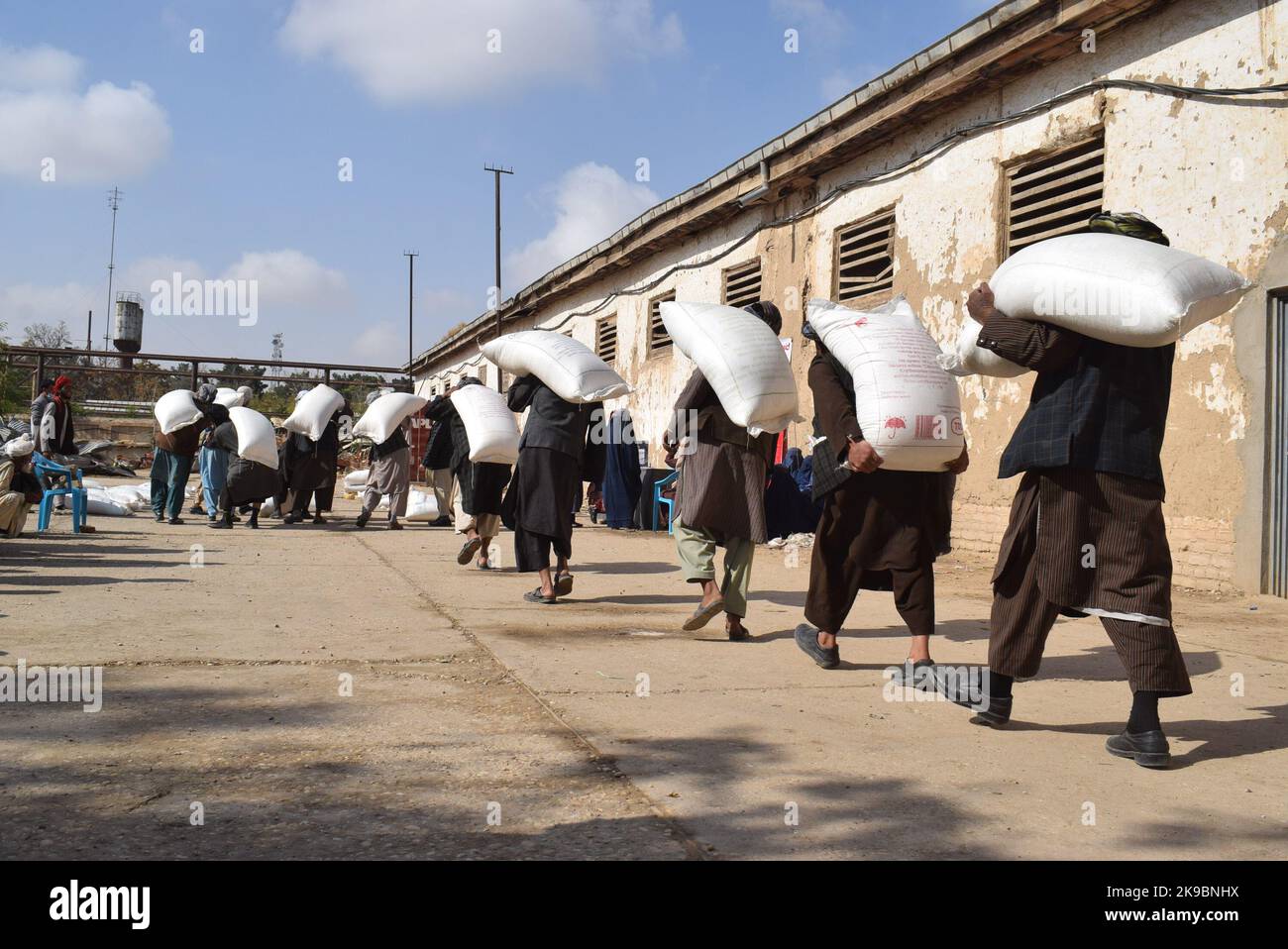 (221027) -- JAWZJAN, 27 octobre 2022 (Xinhua) -- les agriculteurs afghans reçoivent des semences et des engrais améliorés dans la province de Jawzjan, en Afghanistan, le 26 octobre 2022. L'administration provinciale afghane a distribué mercredi des semences et des engrais améliorés à près de 16 000 agriculteurs de la province de Jawzjan, dans le nord de l'Afghanistan. Le directeur provincial de l'agriculture, de l'irrigation et du bétail, M. Qari Abadullah Ansar, a déclaré: « Des semences améliorées, des engrais distribués parmi les agriculteurs du N. Afghanistan » (photo de Zekullah Yazdani/xinhua) Banque D'Images