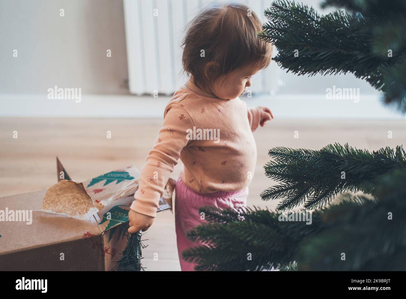 Petite fille debout à côté de l'arbre de Noël artificiel, fraîche hors de la boîte en carton. Vacances d'hiver et concept de personnes. Décoration d'intérieur. Heureux Banque D'Images