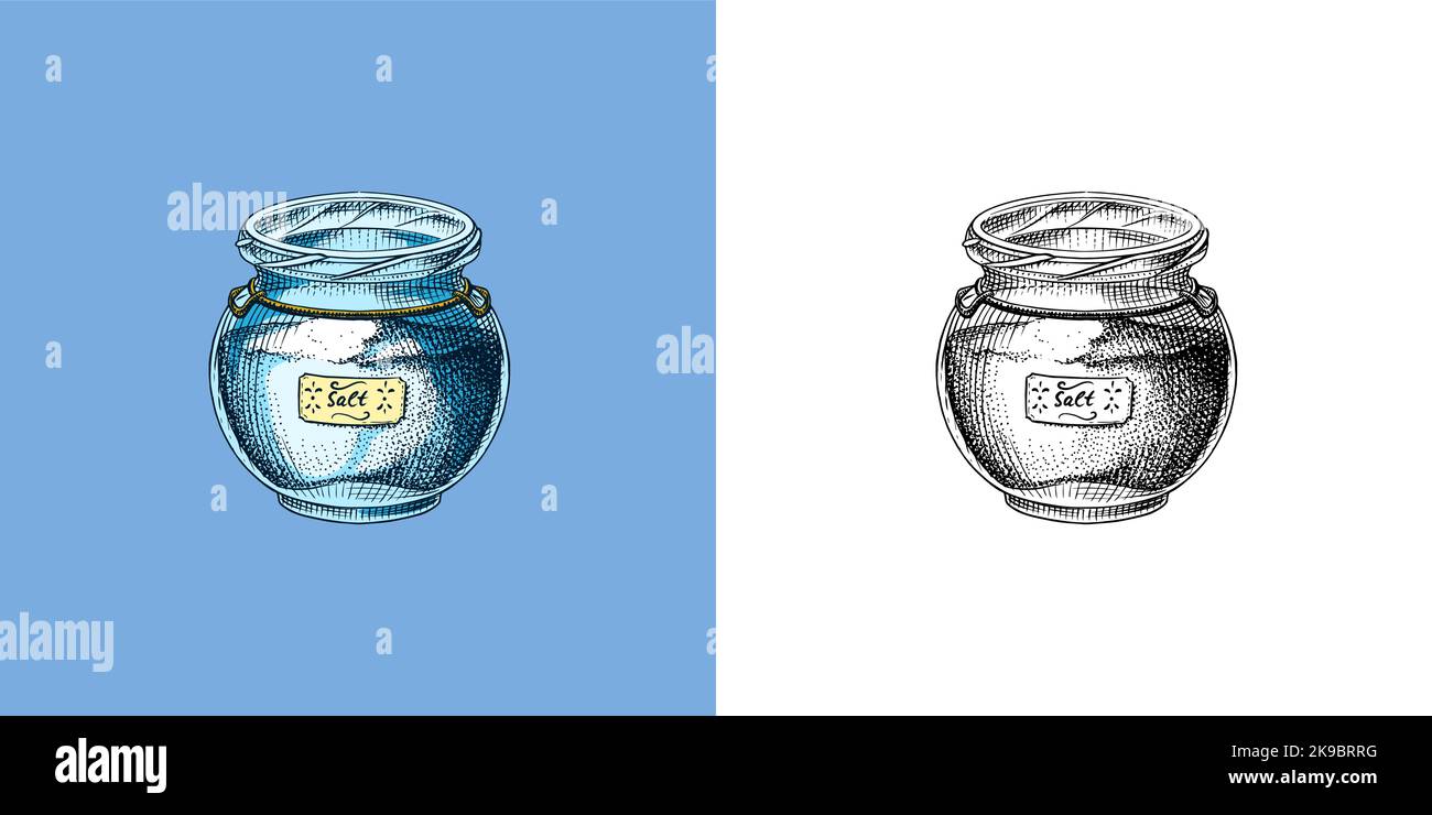 Sel de mer dans un pot en verre.Des tas de graines dans le bol.Épices dans un emballage naturel.Aromatisant ou salin.Bannière rétro d'arrière-plan.Gravé à la main Illustration de Vecteur