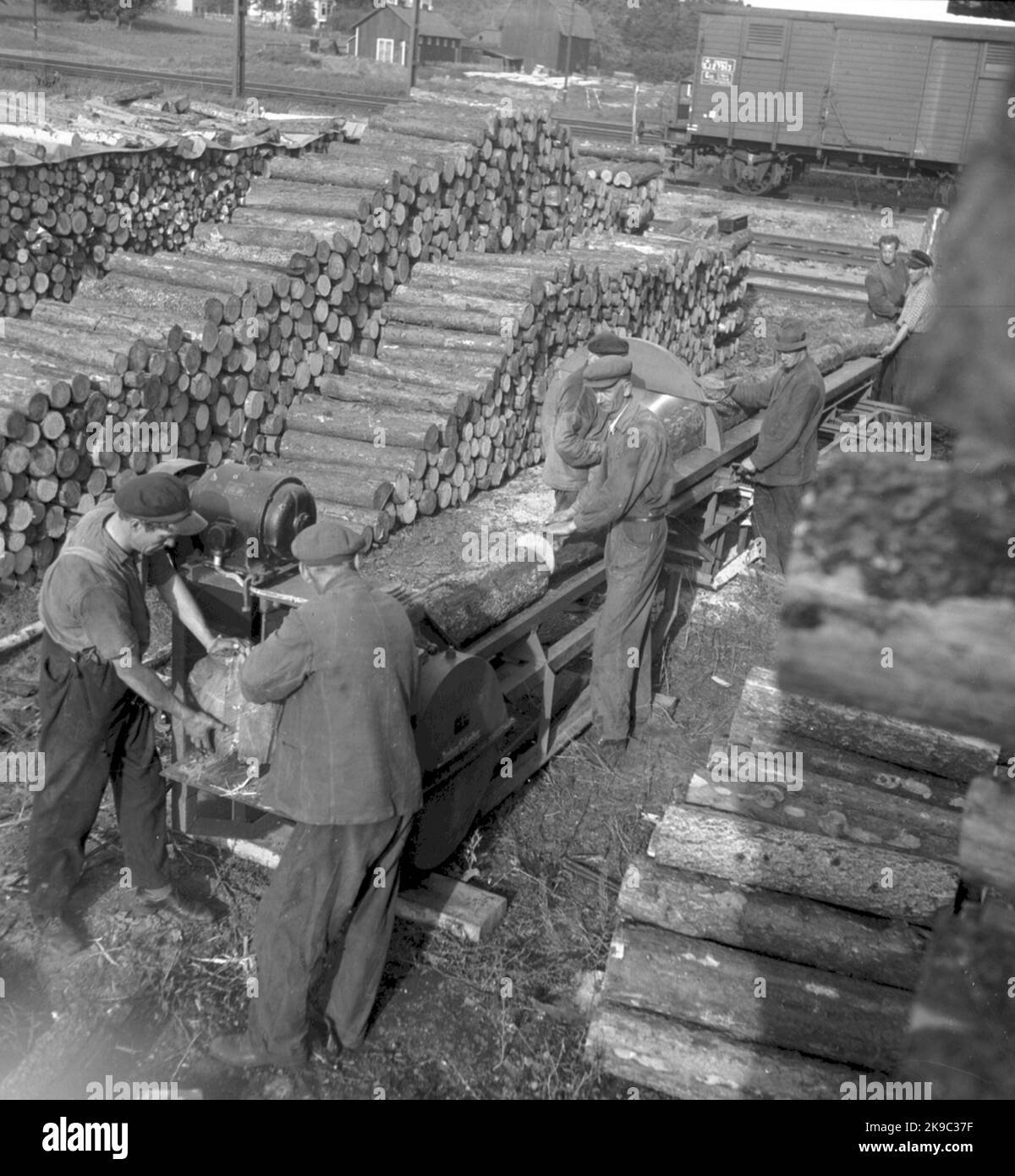 Stockage du bois. Découpe de bois pour locomotives à vapeur. Gävle Lokstation, Sörby Banque D'Images