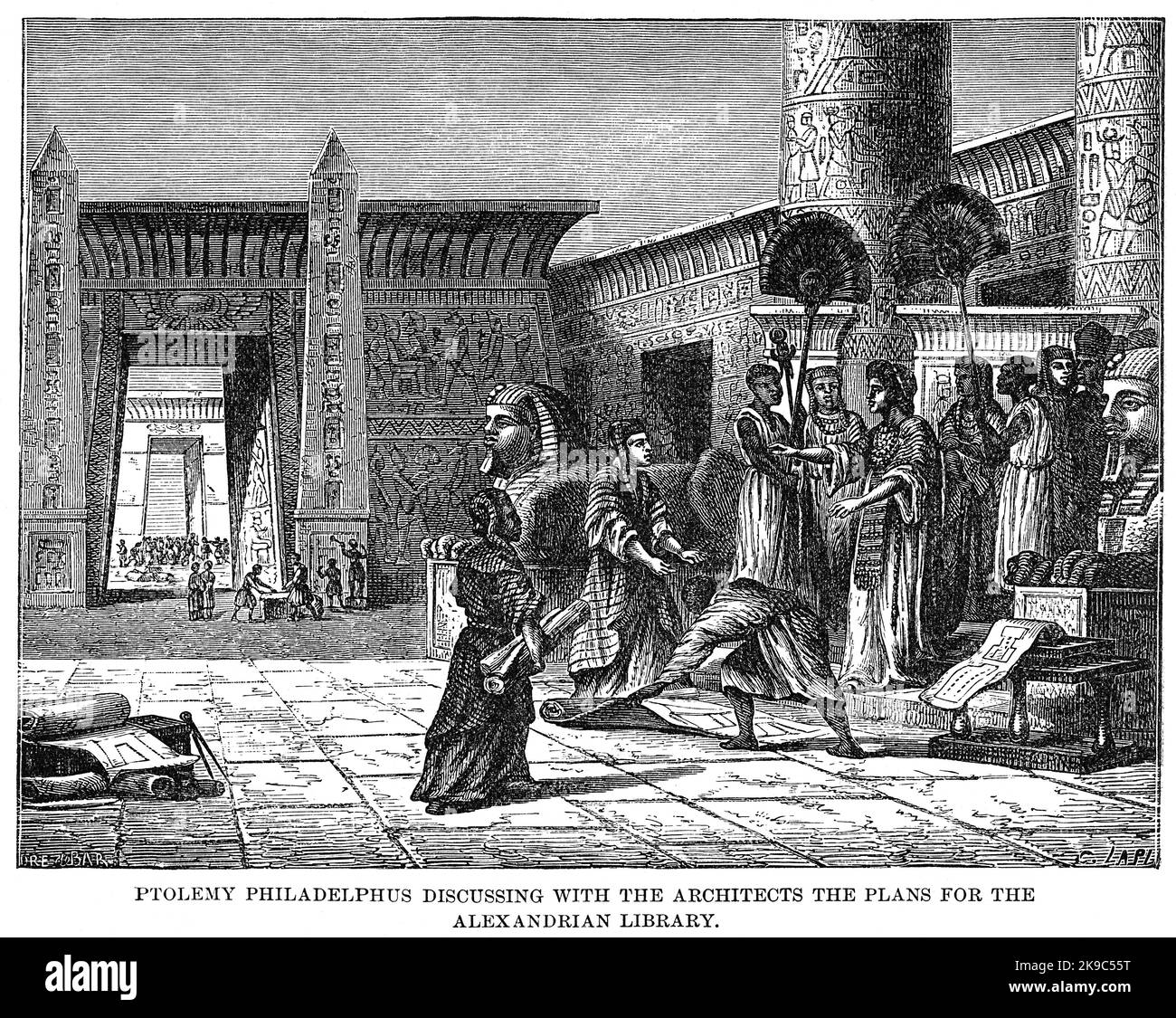 Ptolémée Philadelphus discutant avec les Architectes des plans de la Bibliothèque Alexandrie, Illustration, Histoire du monde de Ridpath, Volume I, par John Clark Ridpath, LL. D., Merrill & Baker Publishers, New York, 1894 Banque D'Images