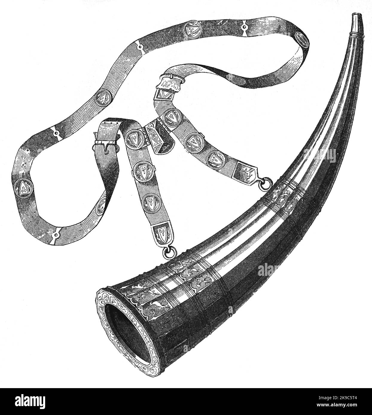 Moyen âge. Oliphant, ou corne de chasse. Gravure, 19e siècle. Banque D'Images