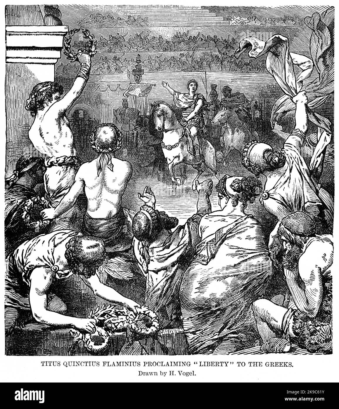 Titus Quinctus Flaminus proclamant « liberté » aux Grecs, illustration, Histoire du monde de Ridpath, Volume I, par John Clark Ridpath, LL. D., Merrill & Baker Publishers, New York, 1894 Banque D'Images