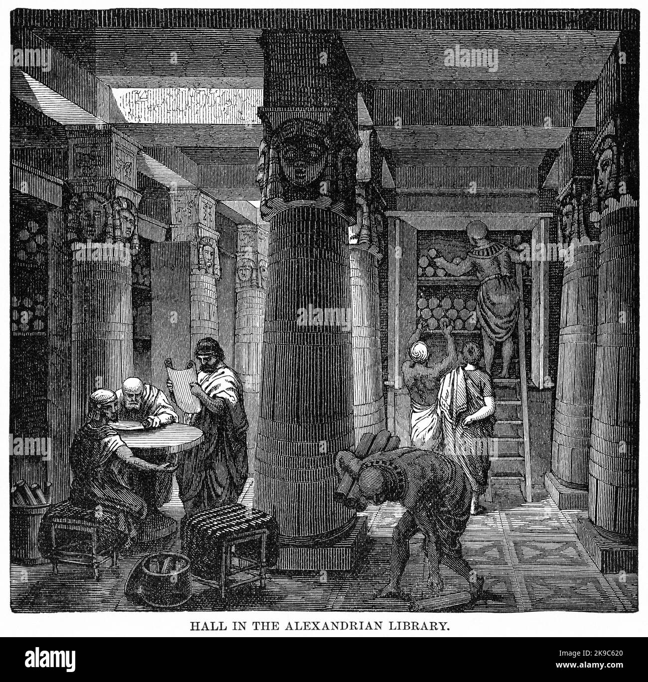 Hall dans la bibliothèque d'Alexandrie, Illustration, Histoire du monde de Ridpath, Volume I, par John Clark Ridpath, LL. D., Merrill & Baker Publishers, New York, 1894 Banque D'Images