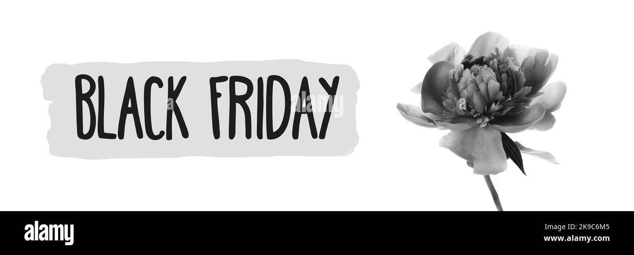 Affiche du vendredi noir sur fond blanc avec bannière pivoine. Photo en noir et blanc. Affiche supérieure panoramique large à motif fleuri. Concept commercial Banque D'Images