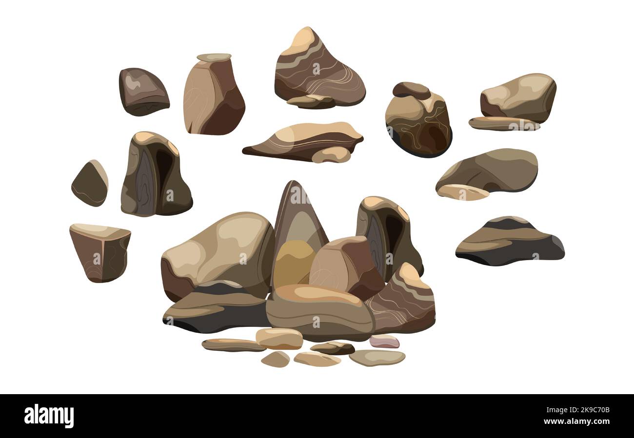 Galets côtiers, pavés, gravier, minéraux et formations géologiques.Collection de pierres de formes diverses.fragments de roches, blocs et tapis de construction Illustration de Vecteur