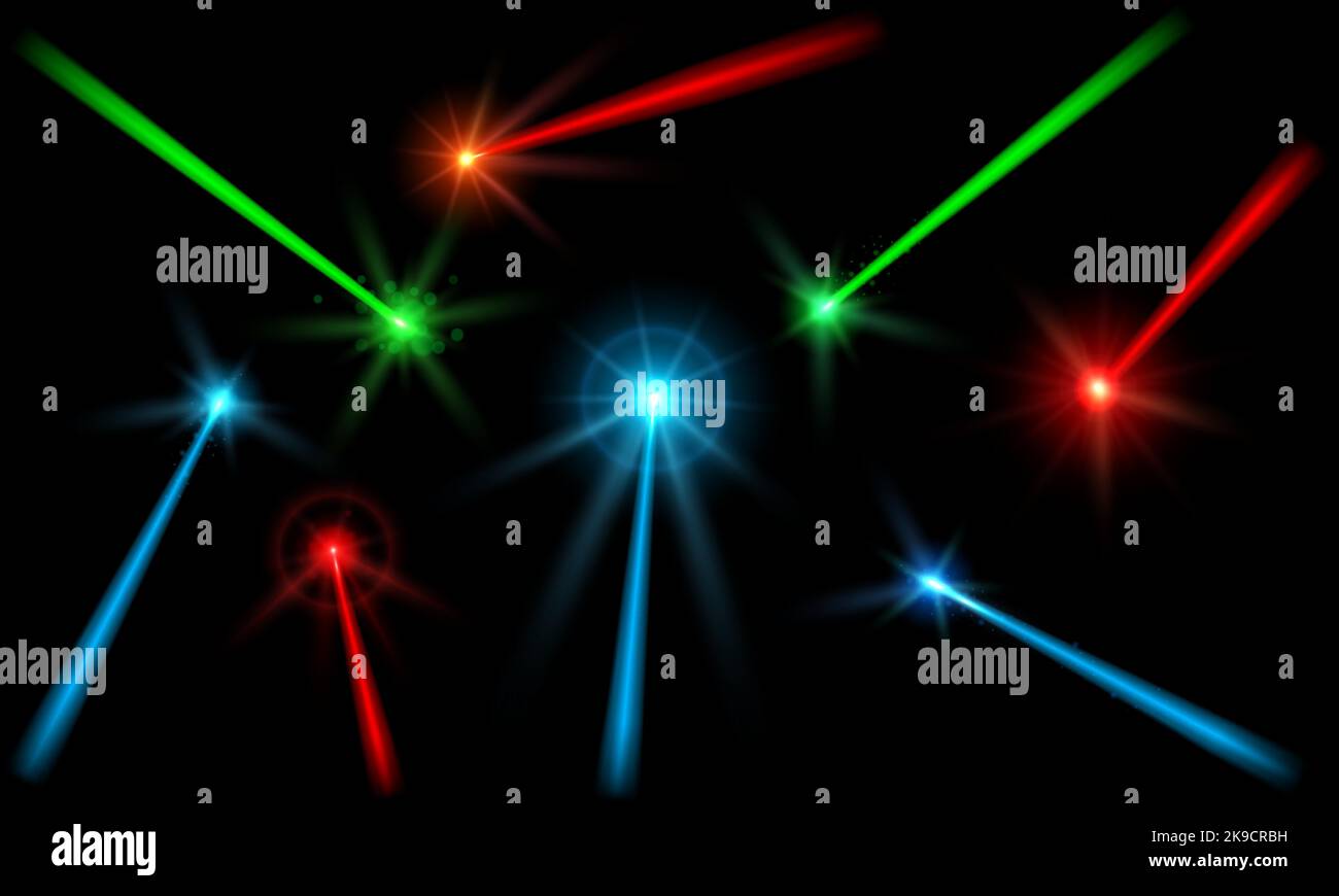 Faisceaux laser. Rayon de lumières au néon, pistes de lumière de concert avec évasements de lentille et effet halo. Le faisceau de ligne d'énergie superpose l'ensemble de vecteurs Illustration de Vecteur
