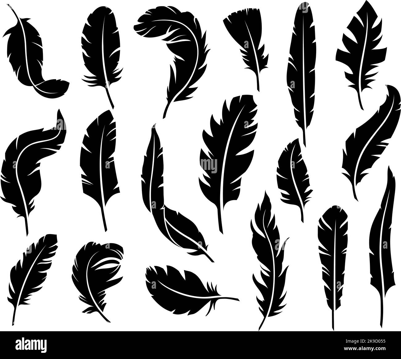 Plume de pochoir. Silhouettes en plume douce, stylo à écriture vintage et jeu de symboles vectoriels en plumes d'ailes d'oiseaux décoratifs et légers Illustration de Vecteur