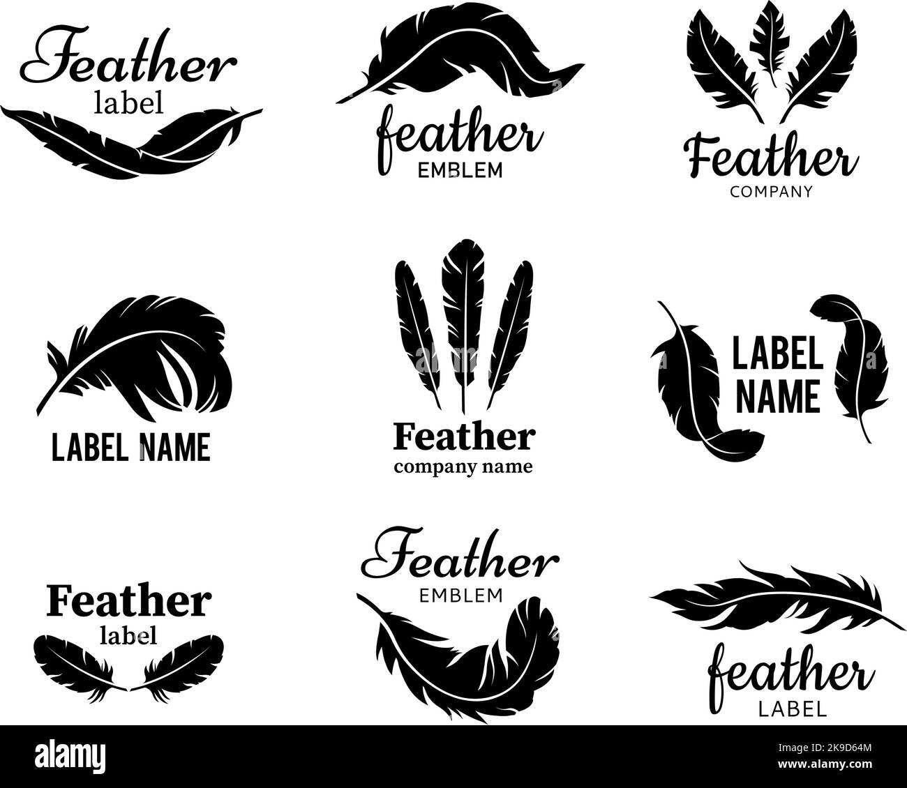 Emblème en plumes. Étiquette de plume souple, silhouette de plumes d'aile d'oiseau avec modèle de texte et jeu de vecteurs de badge de compagnie de droit Illustration de Vecteur