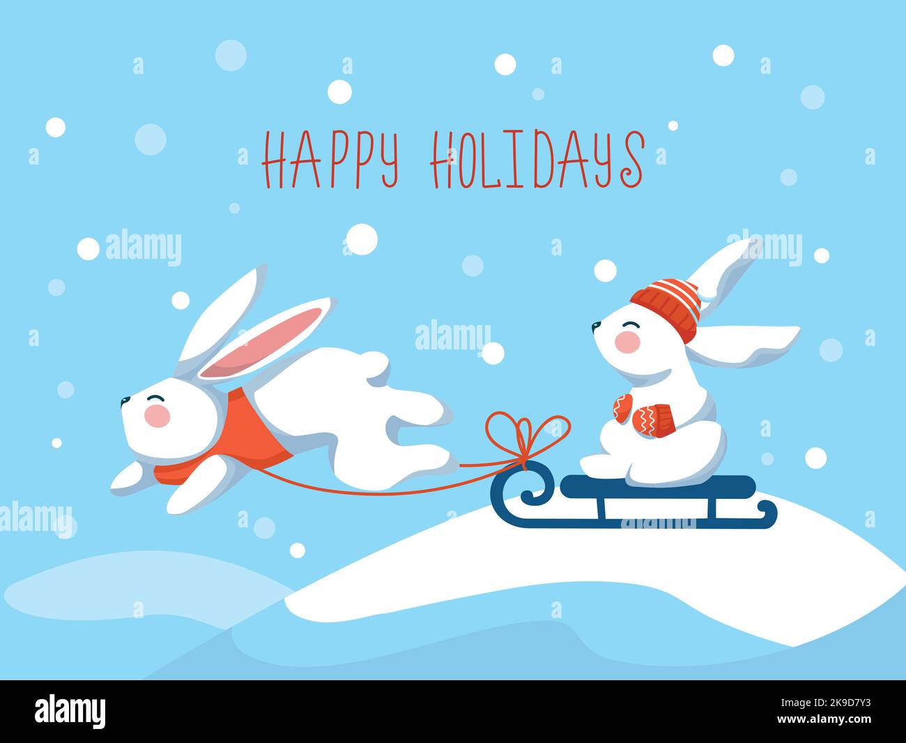 Carte postale à motif lapin blanc en traîneau sur paysage d'hiver Illustration de Vecteur