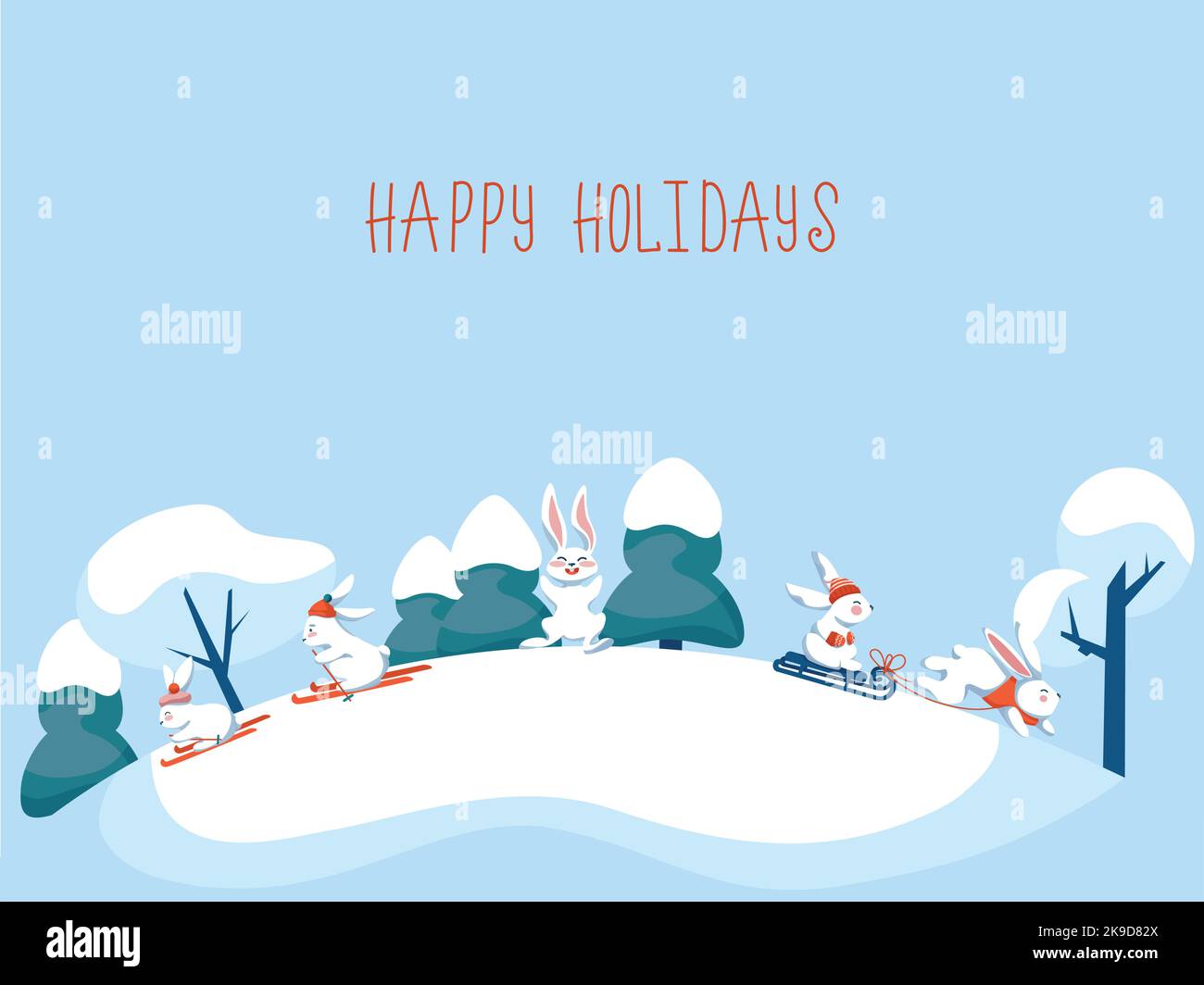 Paysage d'hiver avec lapins drôles faisant du sport Illustration de Vecteur