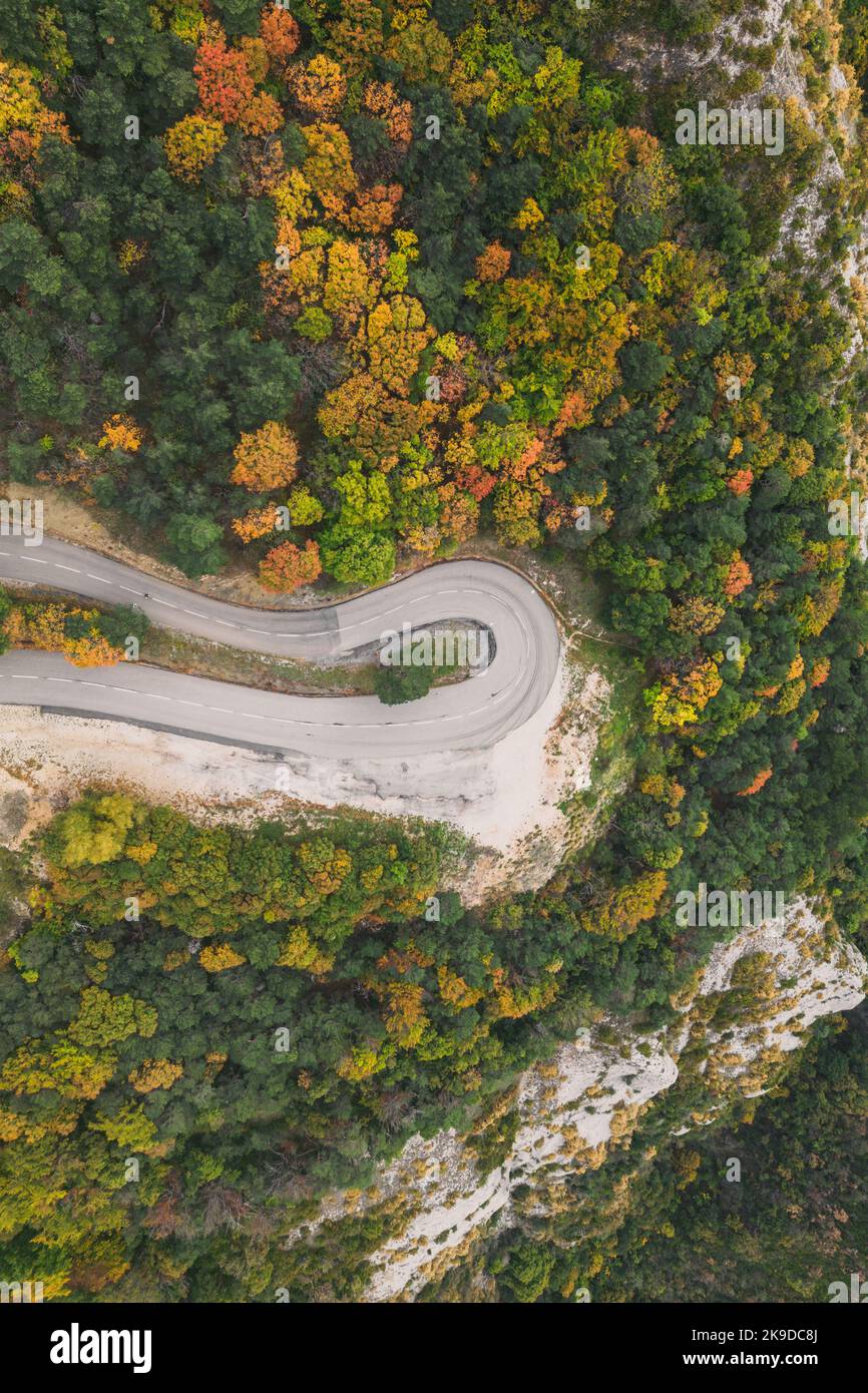 Vue aérienne d'une route sinueuse depuis un col de haute montagne à travers une forêt d'automne dense et colorée. Banque D'Images