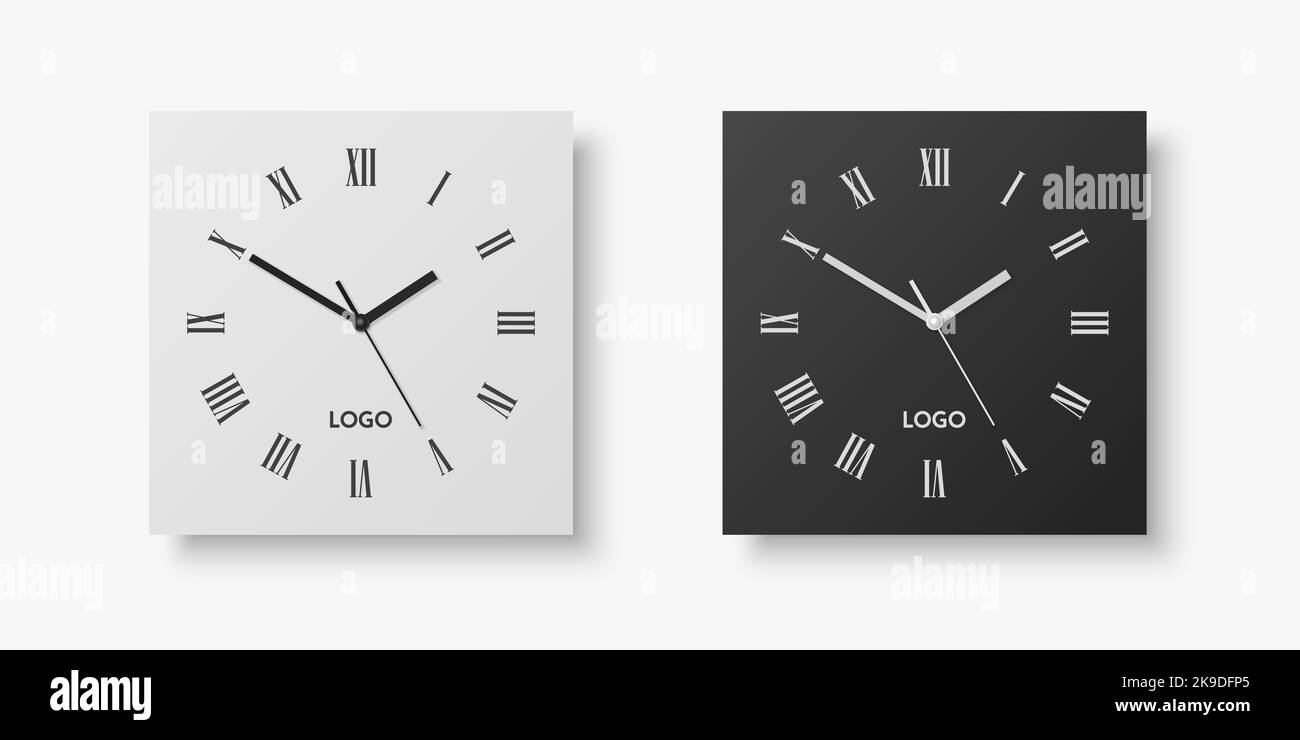 Vector 3D Realistic White, Black Square Wall Office Clock Set, modèle de conception isolé sur blanc. Composer avec des chiffres romains. Maquette de l'horloge murale pour Illustration de Vecteur