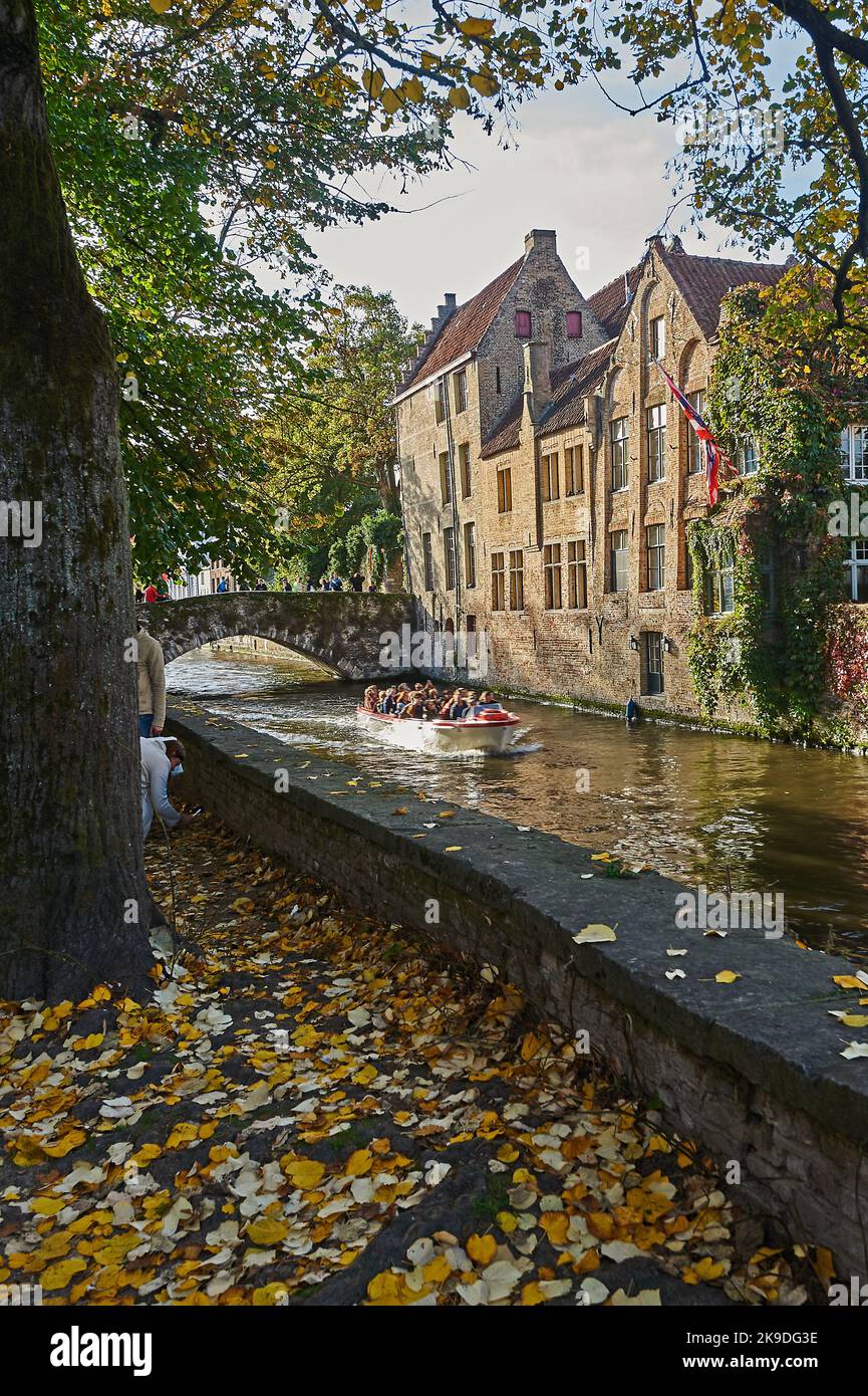 Bruges (Brugge) en Flandre, Belgique et des maisons bordent le canal de Groenerei au coeur de la ville. Banque D'Images