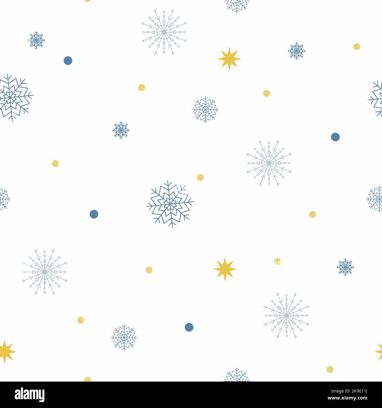 Motif raster Noël sans coutures avec flocons de neige et paillettes. Noël Saint Jolly. Ensemble de flocons de neige et étoile dorée, scintille sur fond blanc. Banque D'Images