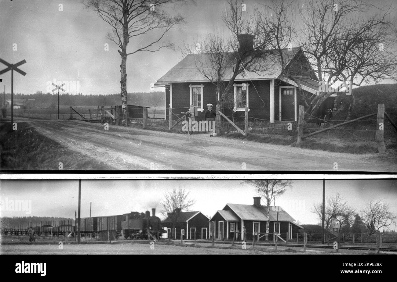 Nora Bergslags Railway, NBJ, cabine de garde-piste à Ängebäck, juste au sud de Strömtorp. Image en deux parties. Banque D'Images