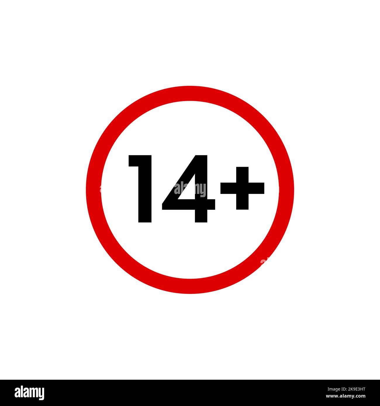 Icône quatorze plus, signe d'interdiction de moins de 14 ans, symbole de restriction d'âge isolé sur blanc. Illustration. Banque D'Images