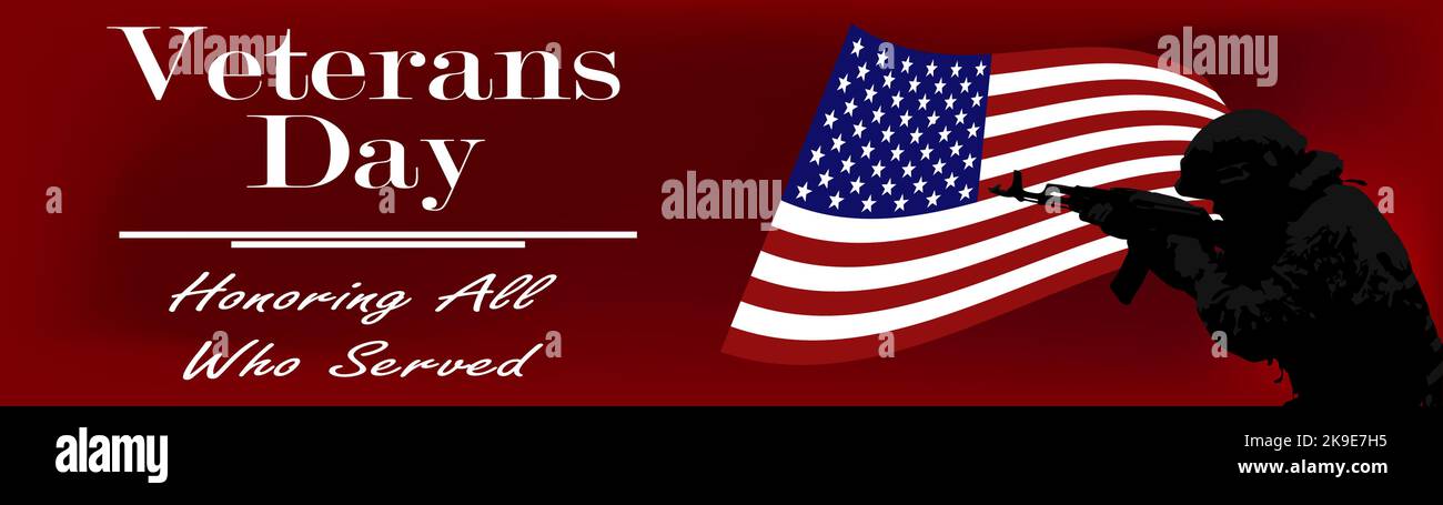 Bannière rouge foncé avec la silhouette d'un soldat américain sur le fond du drapeau des États-Unis et l'inscription Veterans Day. Le concept de jour des anciens combattants, jour commémoratif. Image vectorielle. Illustration de Vecteur